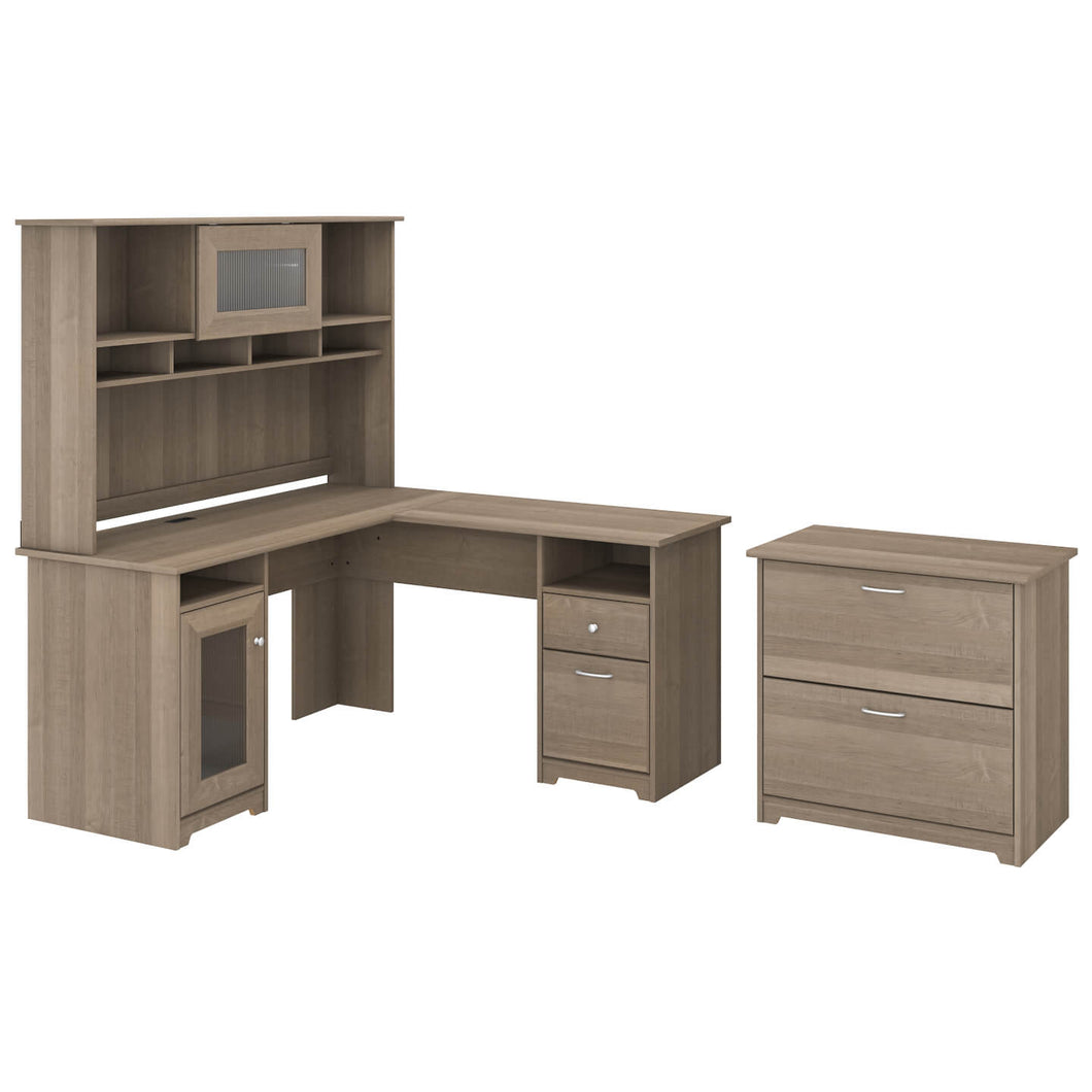 60W L Shaped Computer Desk with Hutch and Lateral File Cabinet