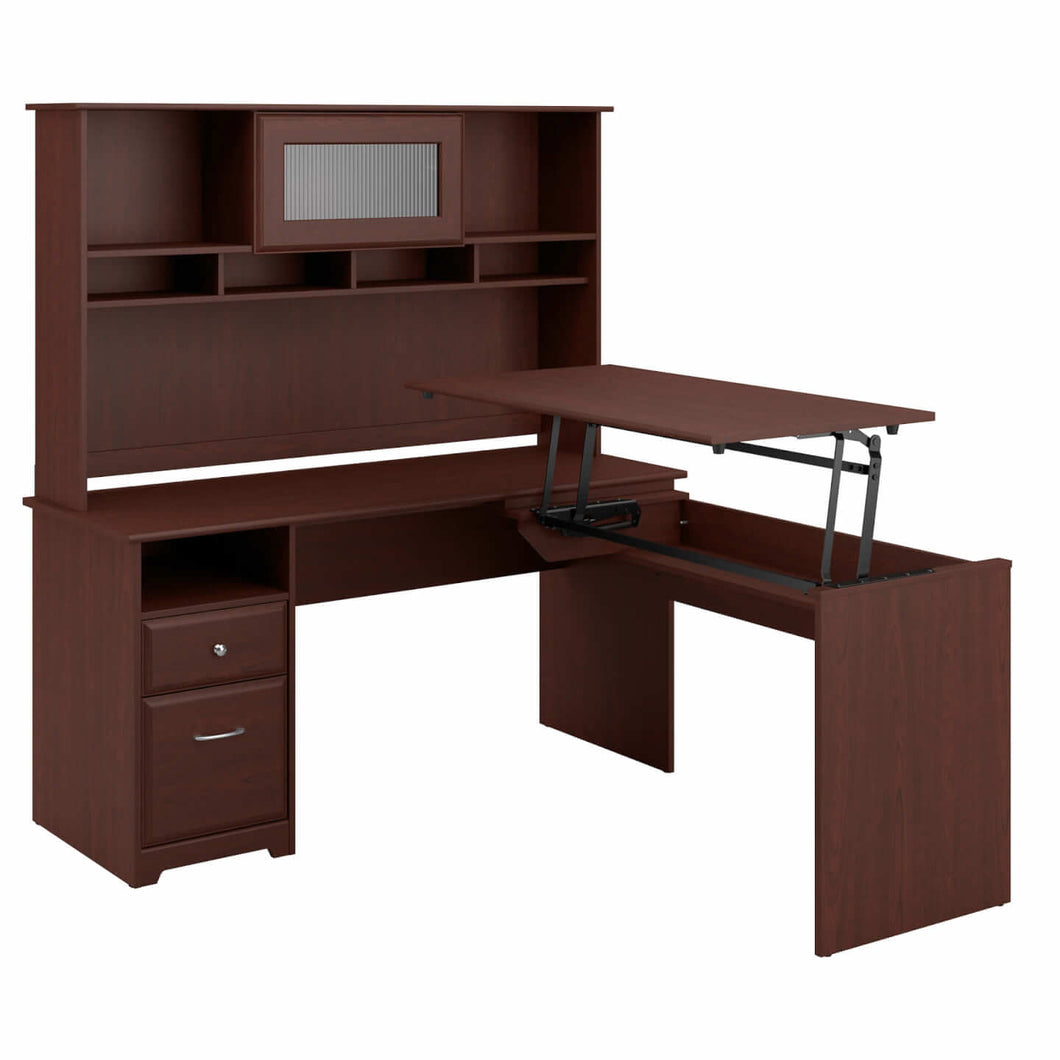 60W 3 Position Sit to Stand L Shaped Desk with Hutch
