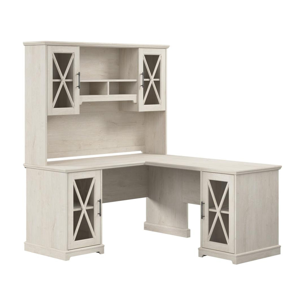 60W Farmhouse L Shaped Desk with Hutch and Storage Cabinets