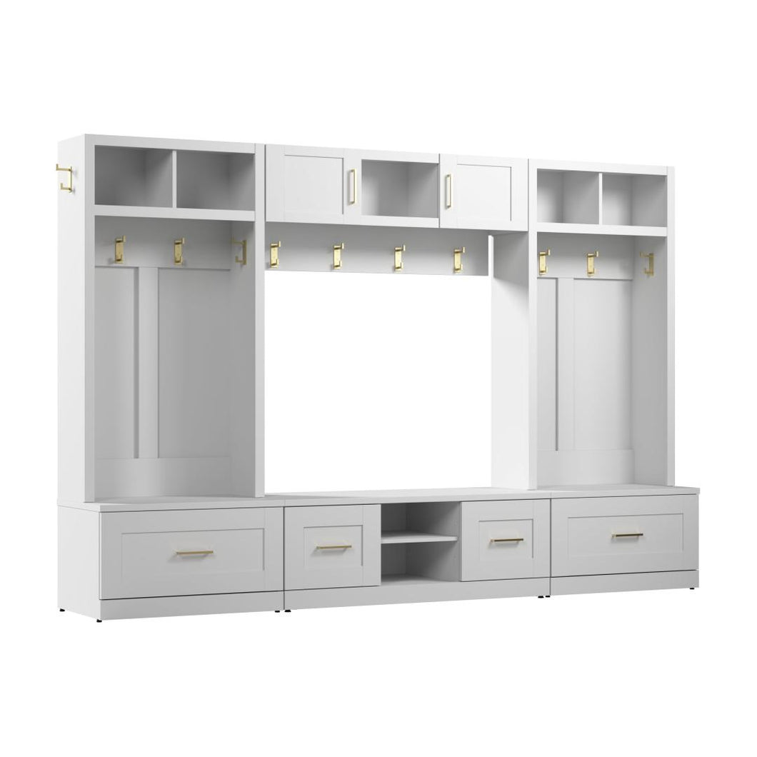 Full Entryway Storage Set with Coat Rack, Hall Trees, and Shoe Benches with Doors and Drawers