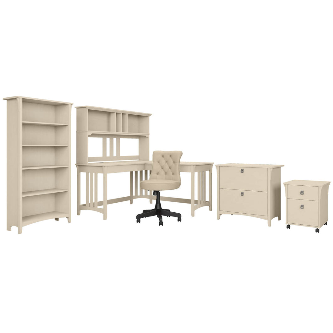 60W L Shaped Desk and Chair Set with Hutch, File Cabinets and Bookcase