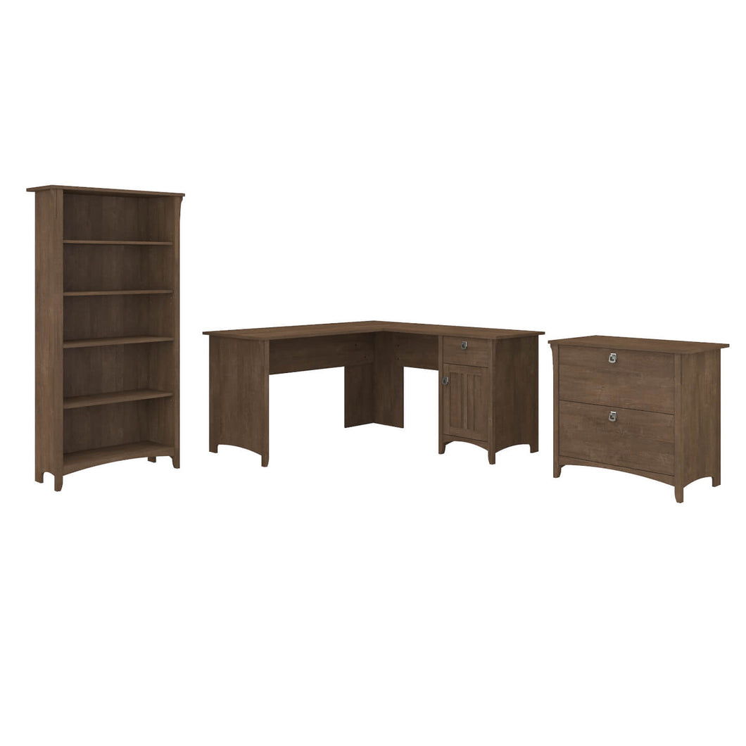 60W L Shaped Desk with Lateral File Cabinet and 5 Shelf Bookcase