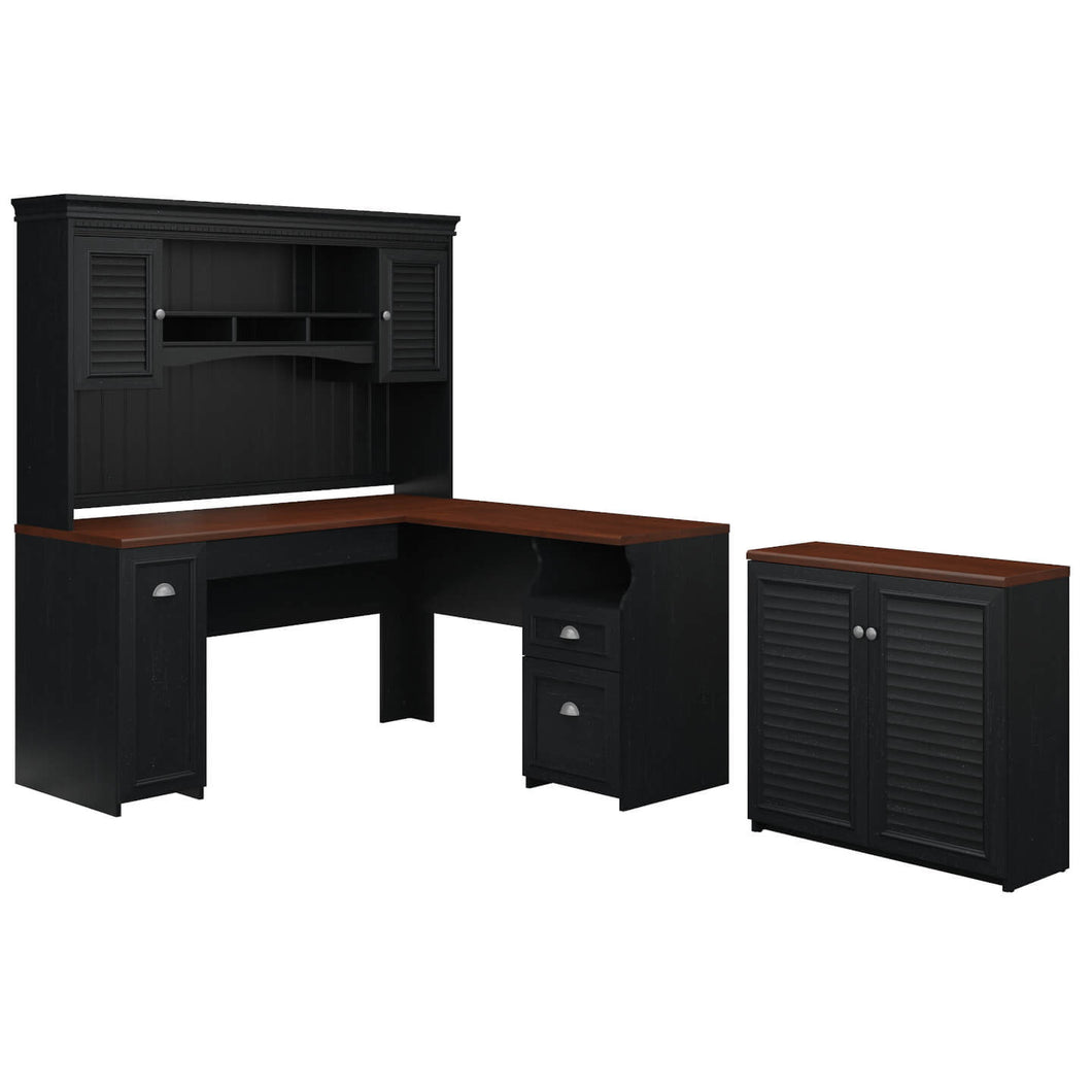 60W L Shaped Desk with Hutch and Small Storage Cabinet