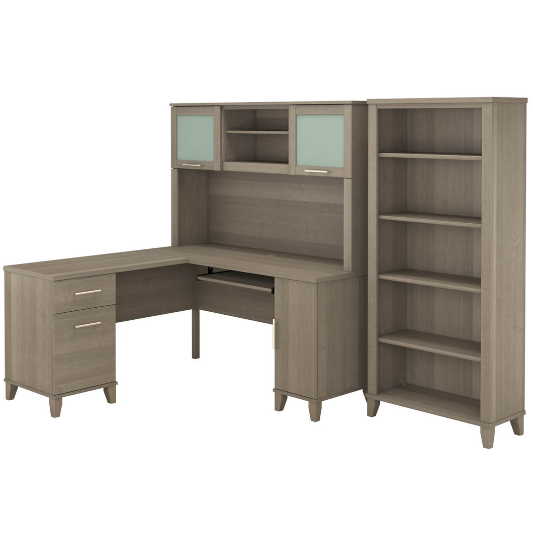 60W L Shaped Desk with Hutch and 5 Shelf Bookcase