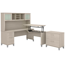 Load image into Gallery viewer, 72W 3 Position Sit to Stand L Shaped Desk with Hutch and File Cabinet
