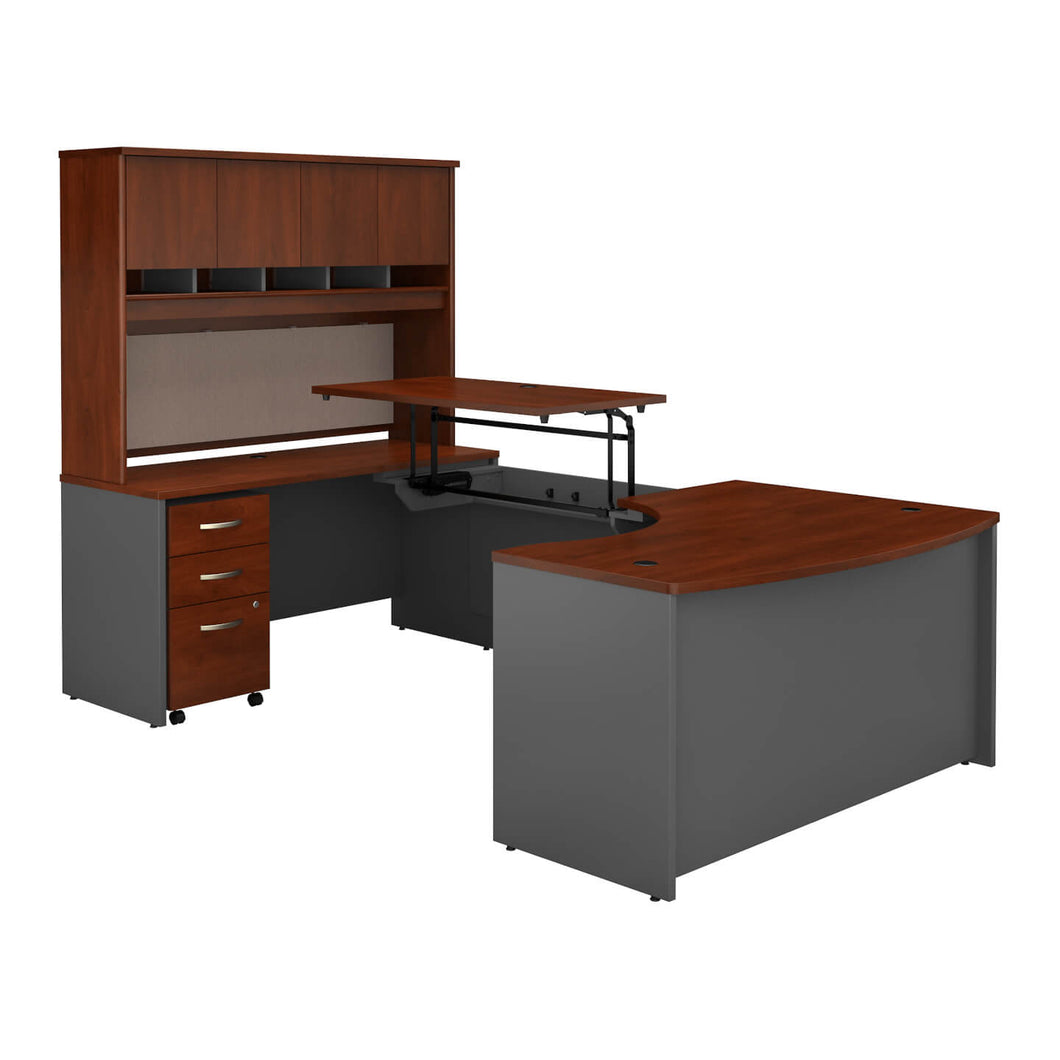 60W Left Hand Sit to Stand U Desk with Hutch and Drawers
