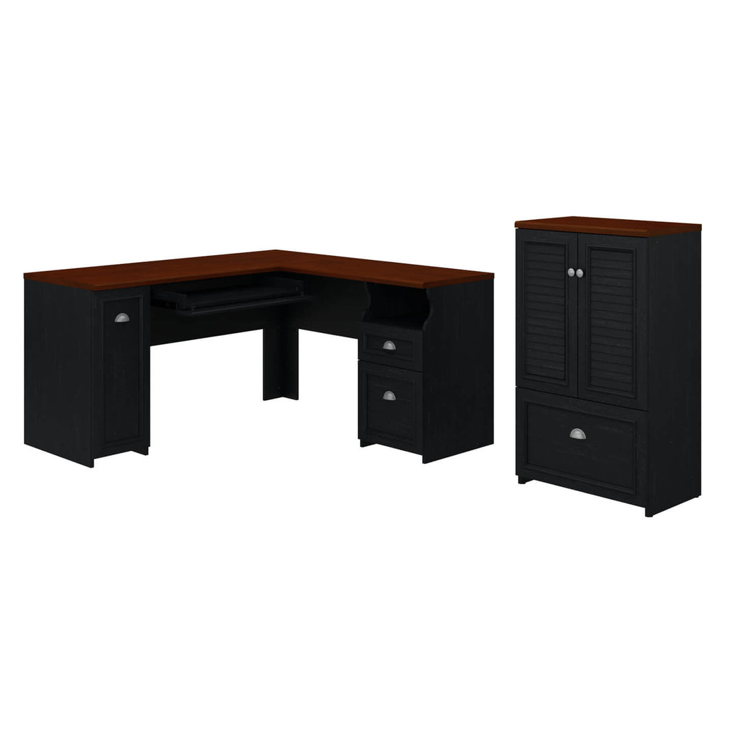 60W L Shaped Desk and 2 Door Storage Cabinet with File Drawer