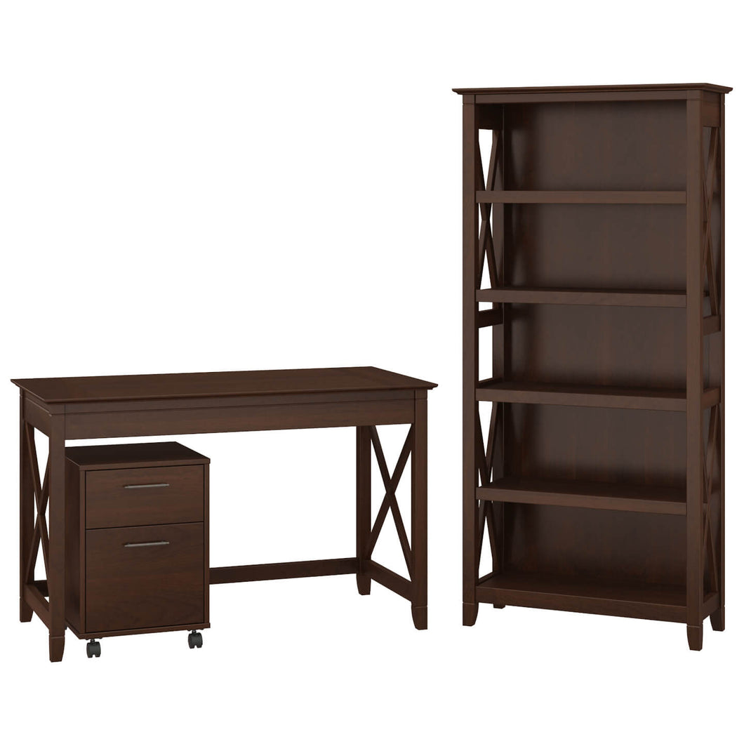 48W Writing Desk with Mobile File Cabinet and 5 Shelf Bookcase
