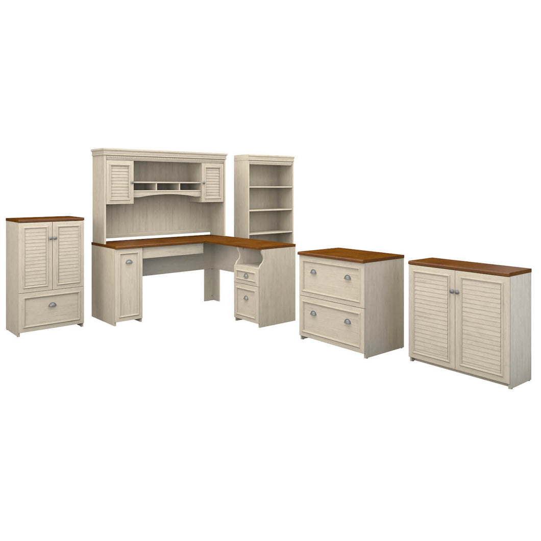60W L Shaped Desk with Hutch, Bookcase, Storage and File Cabinets