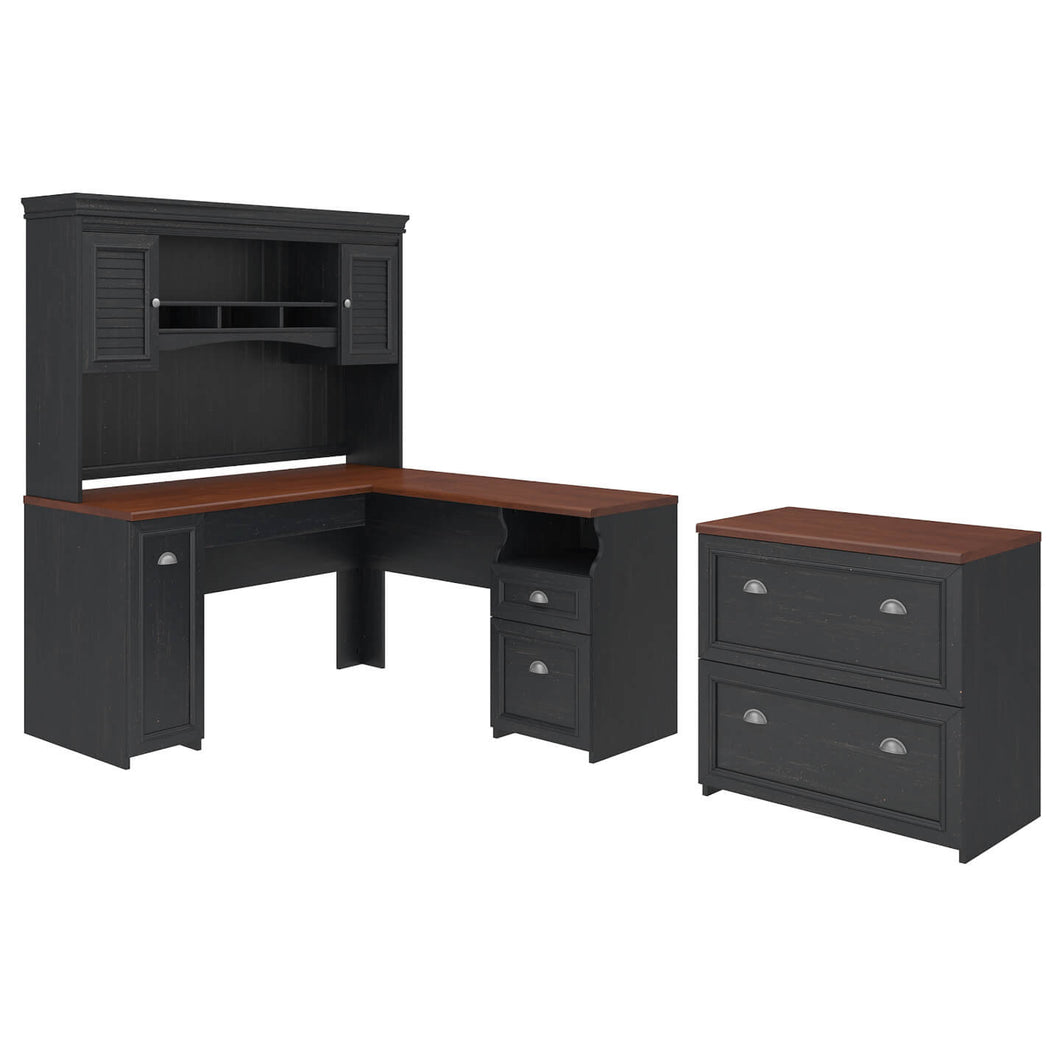 L Shaped Desk with Hutch and Lateral File Cabinet