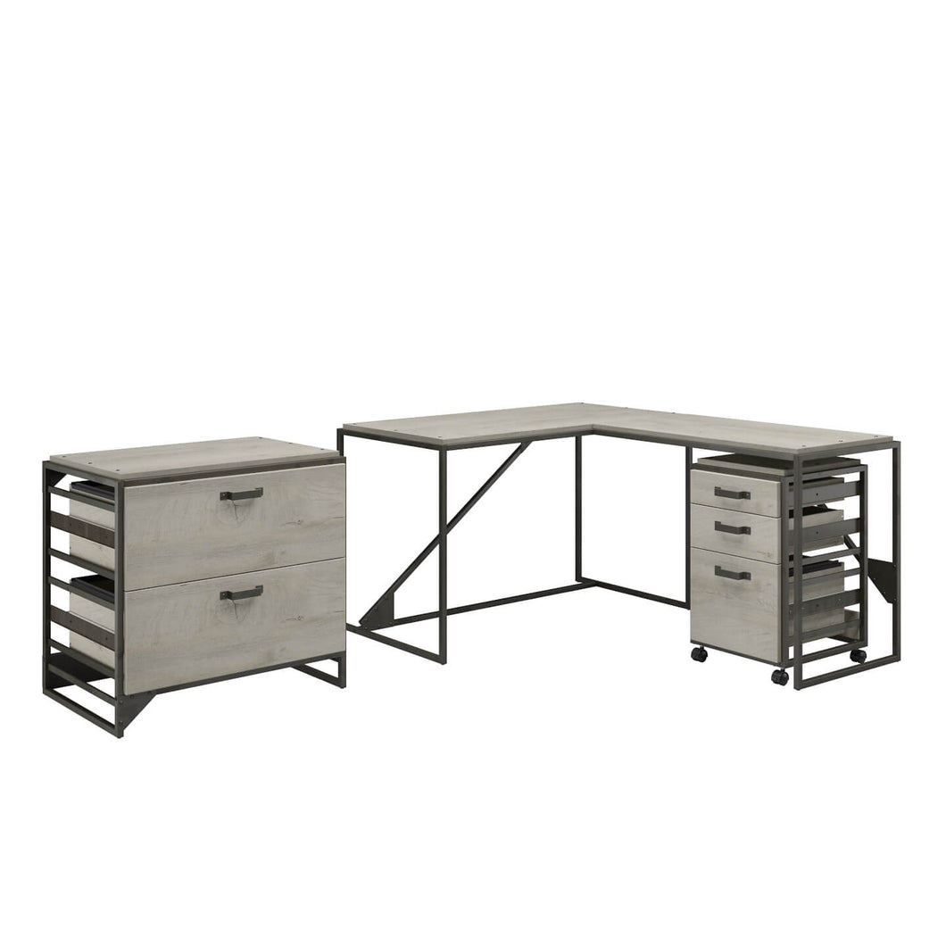50W L Shaped Industrial Desk with File Cabinets
