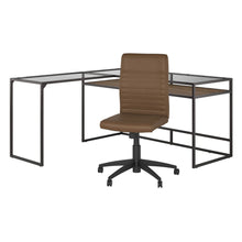 Load image into Gallery viewer, 60W Glass Top L Shaped Desk with Mid Back Ribbed Leather Office Chair
