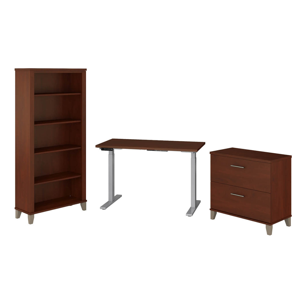 48W Electric Adjustable Standing Desk with File Cabinet and Bookcase