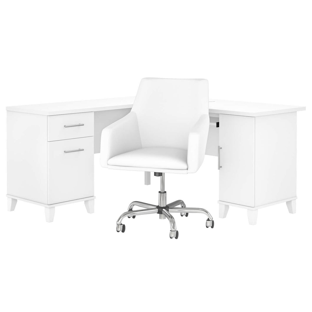 60W L Shaped Desk with Mid Back Leather Box Chair