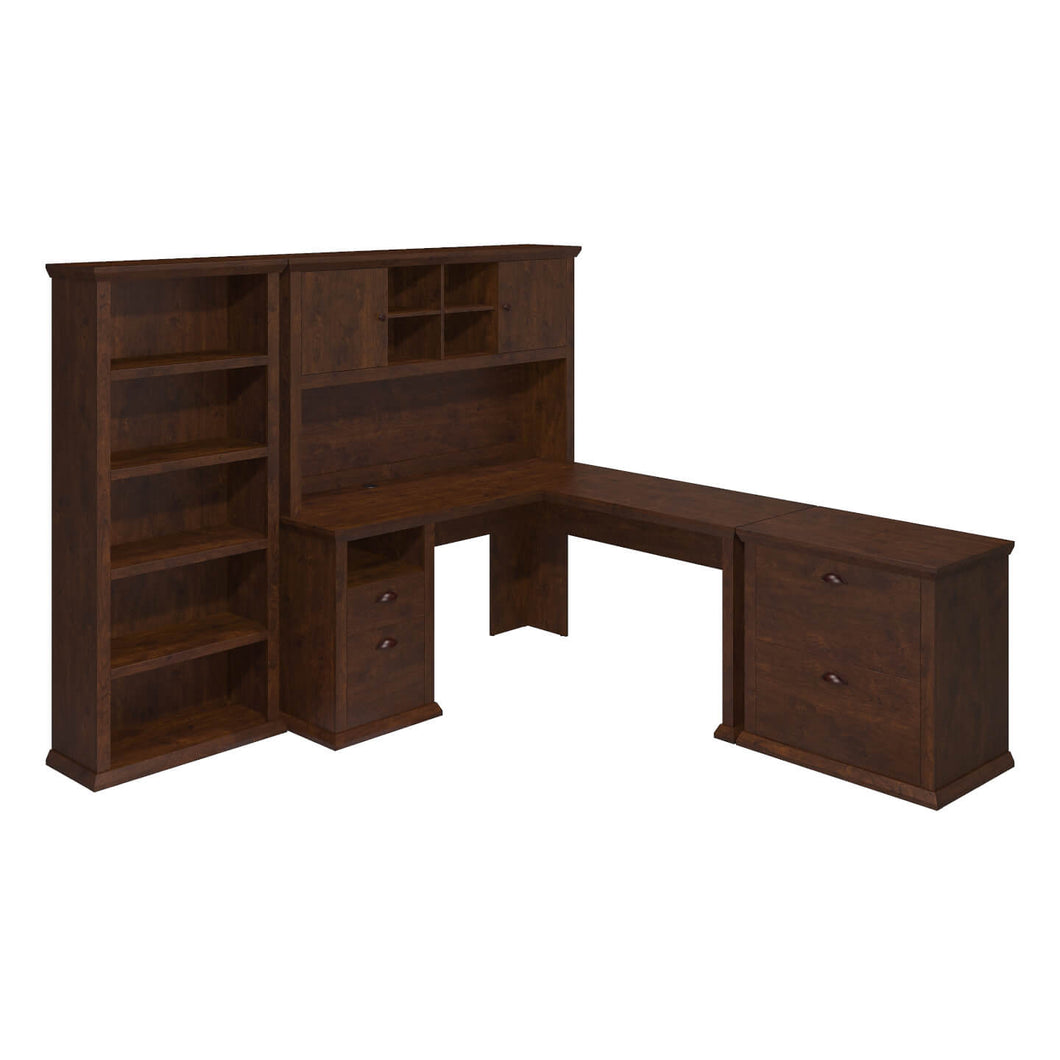 60W L Shaped Desk with Hutch, Lateral File Cabinet and Bookcase