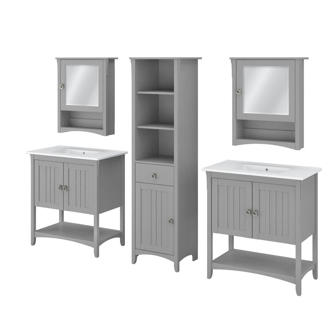 64W Double Vanity Set with Sinks, Medicine Cabinets and Linen Tower