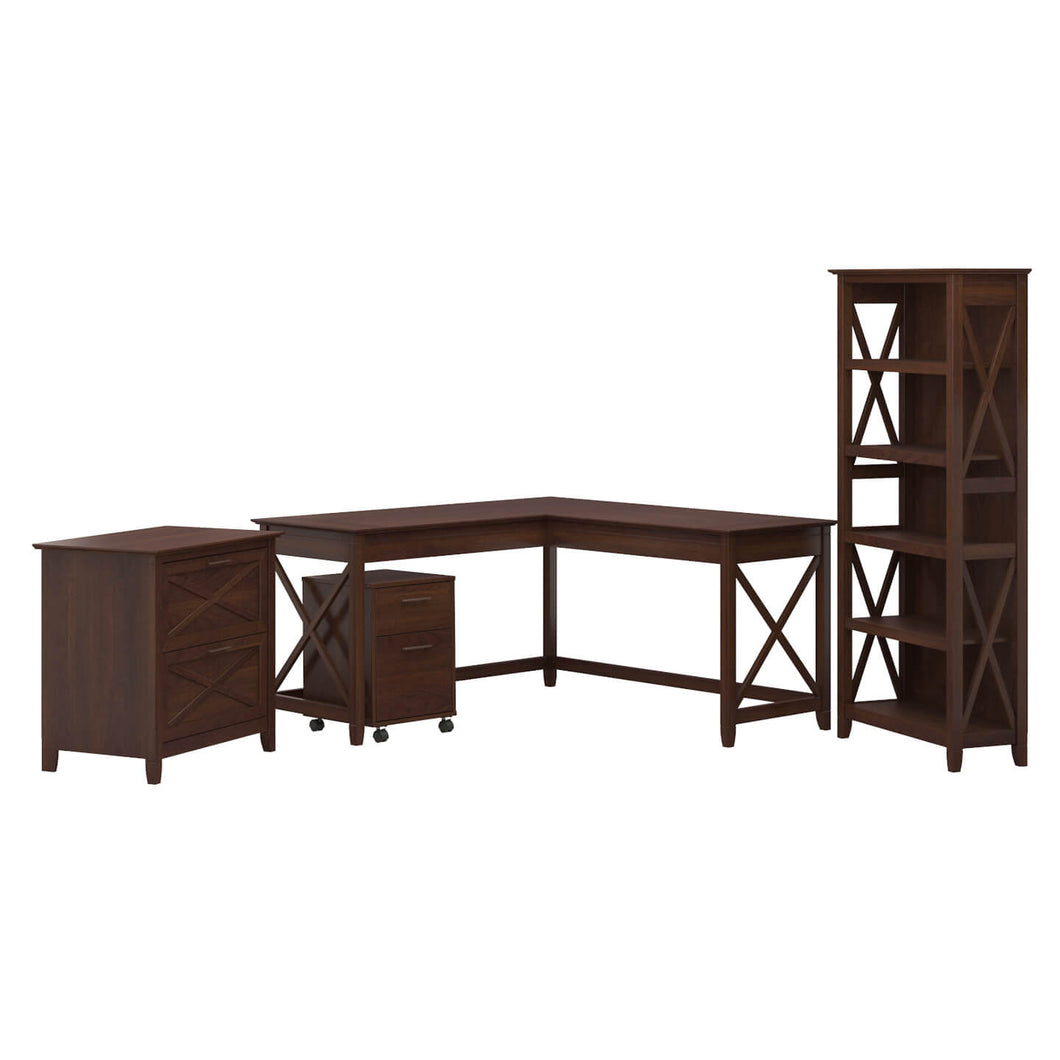 60W L Shaped Desk with File Cabinets and 5 Shelf Bookcase