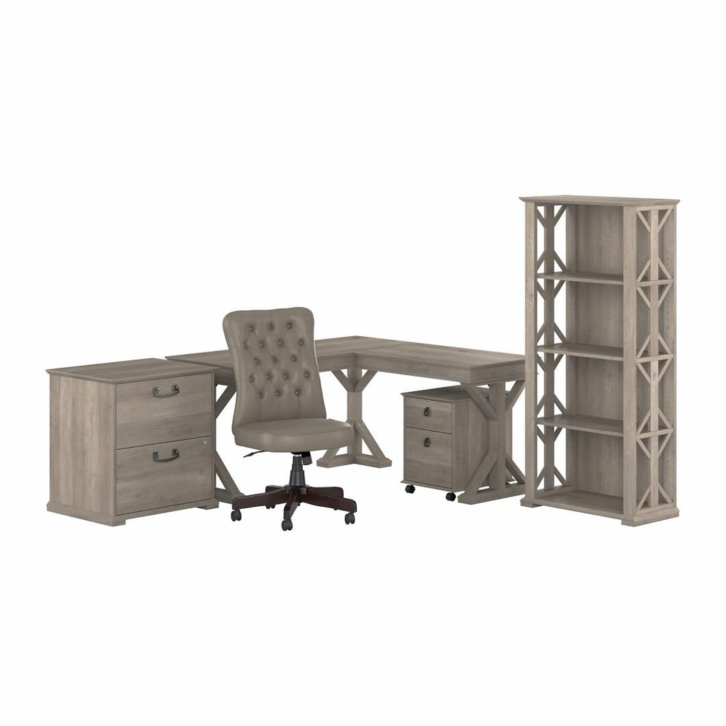 60W Farmhouse L Shaped Desk with Mobile File Cabinet, Lateral File Cabinet, Bookcase, and Chair