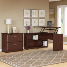 Load image into Gallery viewer, 3 Position Sit to Stand Corner Bookshelf Desk with Lateral File Cabinet
