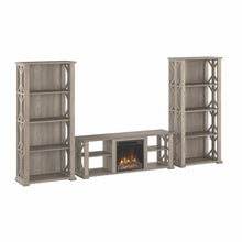 Load image into Gallery viewer, Farmhouse TV Stand for 70 Inch TV with Fireplace Insert and 4 Shelf Bookcases
