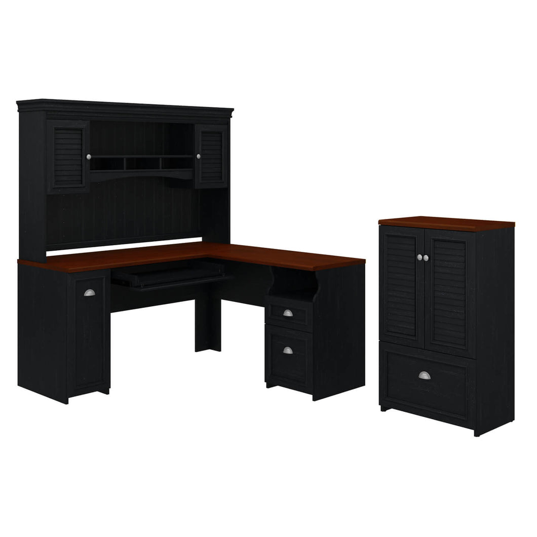 60W L Shaped Desk with Hutch and Storage Cabinet with File Drawer