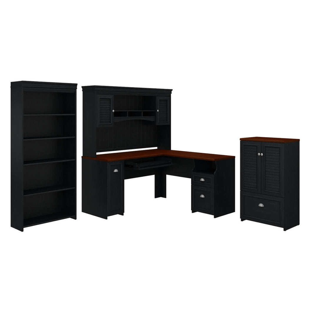 60W L Shaped Desk with Hutch, 5 Shelf Bookcase and Storage