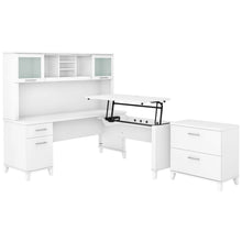 Load image into Gallery viewer, 72W 3 Position Sit to Stand L Shaped Desk with Hutch and File Cabinet

