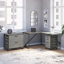 Load image into Gallery viewer, 50W L Shaped Industrial Desk with File Cabinets
