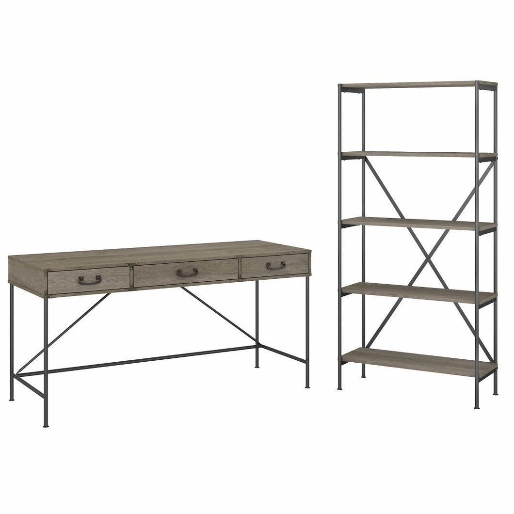 60W Writing Desk with Drawers and 5 Shelf Etagere Bookcase
