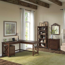 Load image into Gallery viewer, 60W L Shaped Desk with File Cabinets and 5 Shelf Bookcase
