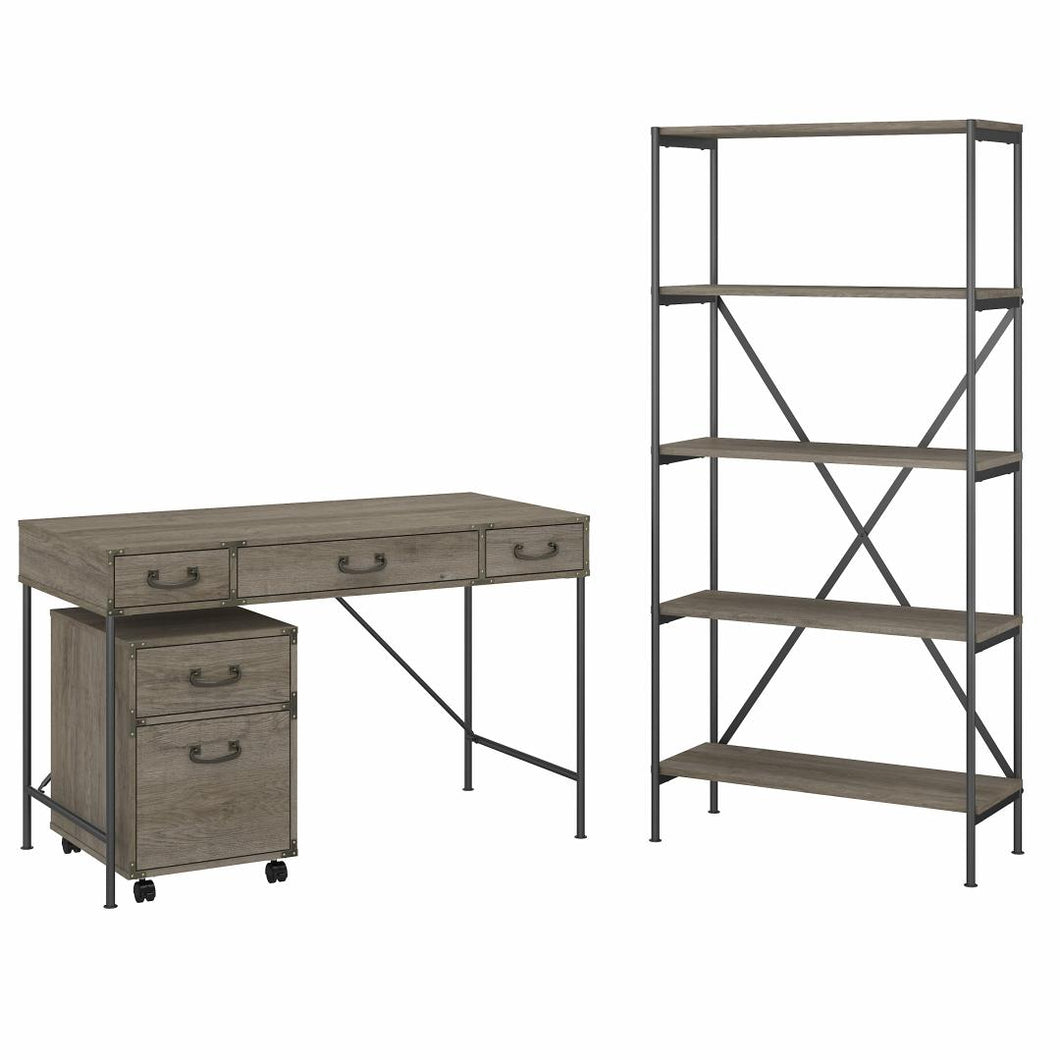 48W Writing Desk with Mobile File Cabinet and 5 Shelf Bookcase